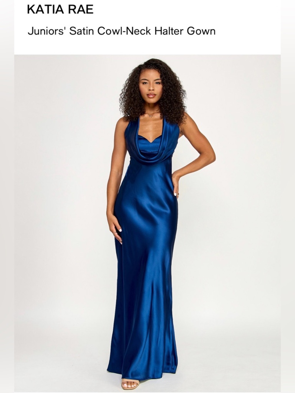 Cowl-Neck Satin Halter Maxi Dress in Deep Blue